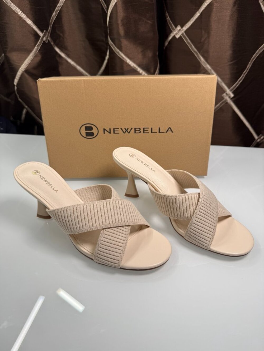 Newbella Beige Knit Criss Cross Mule Heels Sandals Size 6.5